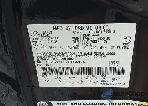 2013 Ford F-150 Xlt из США, поврежденный, VIN 1FTFW1EF9DFC51047